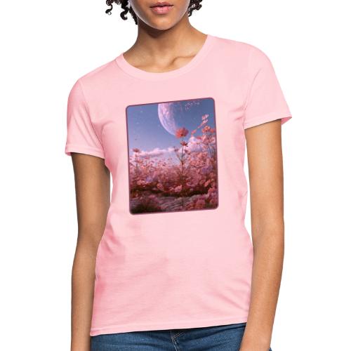 Cosmic Moon & Cosmos Flowers Art - Women's T-Shirt