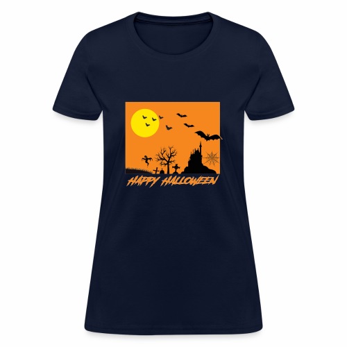 Moonlit Haunted House Ghost Bat Cobweb Gravestone. - Women's T-Shirt