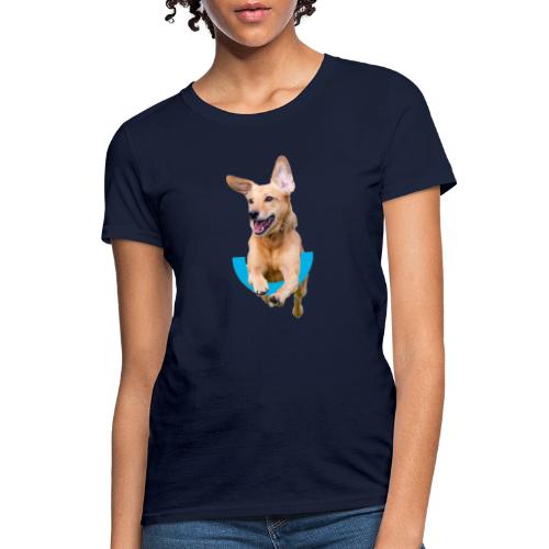 Dog jumping over U and Marin Humane Logo - Women's T-Shirt