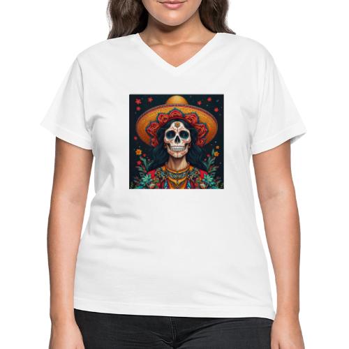 Charra Skull Art | Traditional Mexican Design - Women's V-Neck T-Shirt