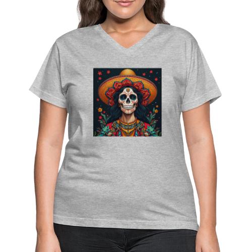 Charra Skull Art | Traditional Mexican Design - Women's V-Neck T-Shirt