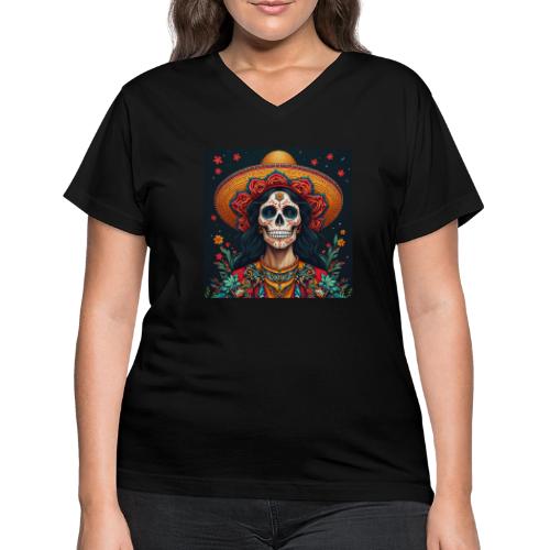 Charra Skull Art | Traditional Mexican Design - Women's V-Neck T-Shirt