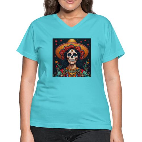 Charra Skull Art | Traditional Mexican Design - Women's V-Neck T-Shirt