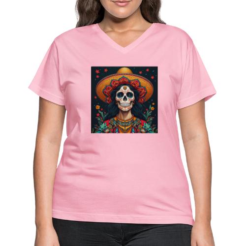Charra Skull Art | Traditional Mexican Design - Women's V-Neck T-Shirt