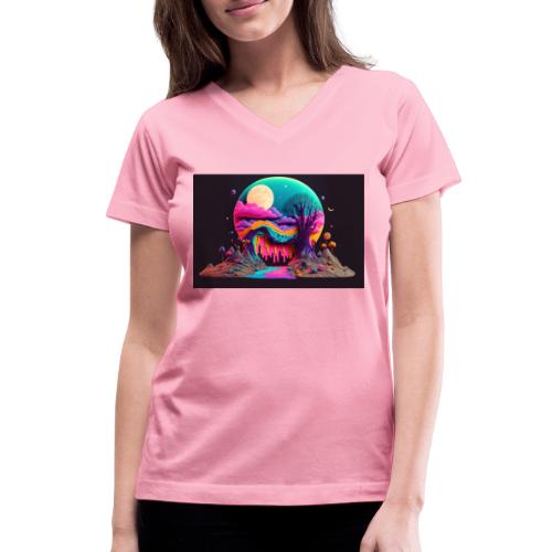 Spooky Full Moon Psychedelic Landscape Paint Drips - Women's V-Neck T-Shirt