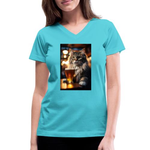 Bright Eyed Beer Cat - Women's V-Neck T-Shirt