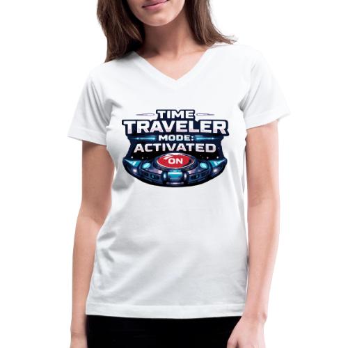 Time Traveler Mode – Futuristic Neon Sci-Fi Tee - Women's V-Neck T-Shirt