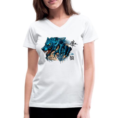 Blue Wolf Graffiti Street Art - Women's V-Neck T-Shirt