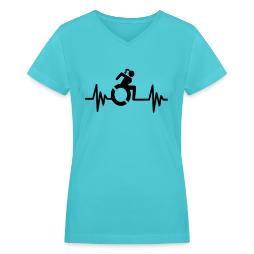 Wheelchair girl with a heartbeat. frequency # - Women's V-Neck T-Shirt