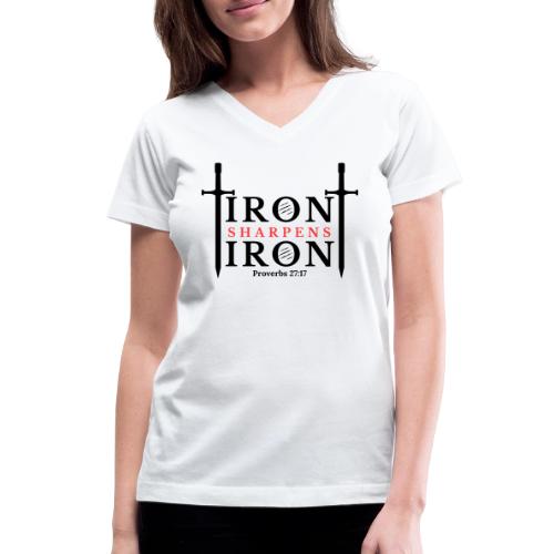 Iron Sharpens Iron - Proverbs 27:17 (Black & Red) - Women's V-Neck T-Shirt