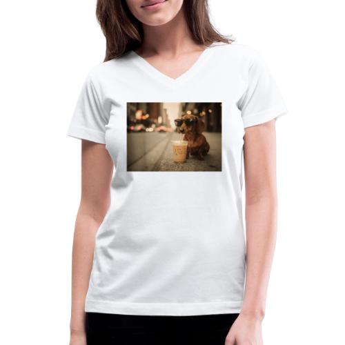 Funny Dachshund Iced Coffee Lover Tee - Women's V-Neck T-Shirt