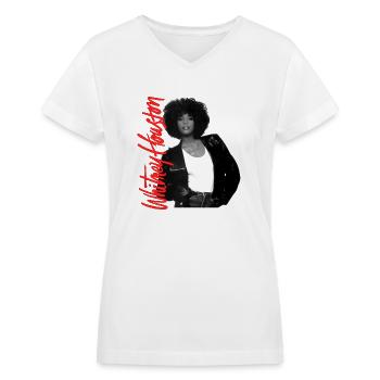 Whitney Houston Photo Et Prénom Rose - T-shirt avec encolure en V pour femmes - blanc - Devant - Julia (174cm)
