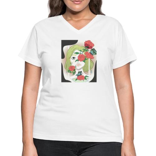 Girl with Rose Vine - Women's V-Neck T-Shirt