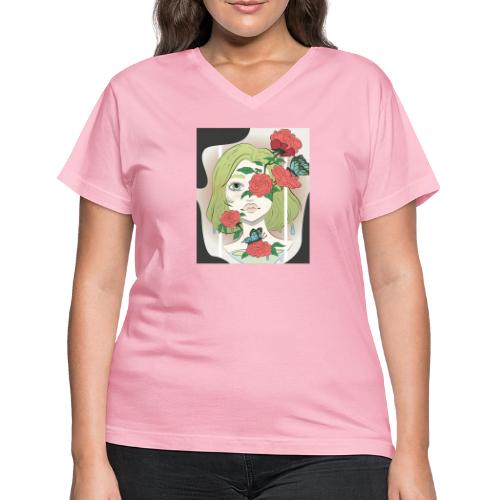 Girl with Rose Vine - Women's V-Neck T-Shirt