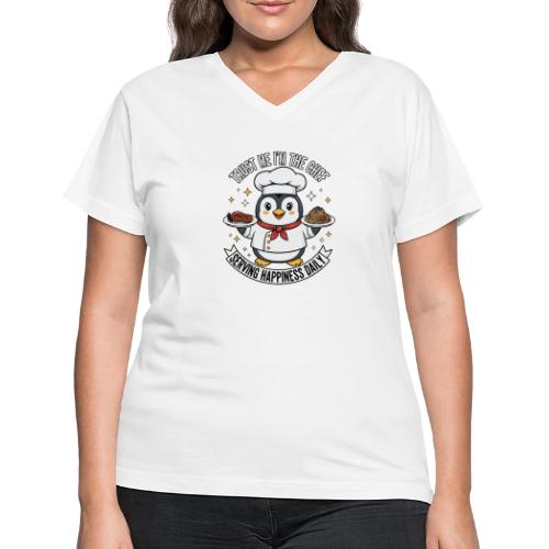 cute Penguin Chef-Funny Cartoon Daily Happiness - Women's V-Neck T-Shirt