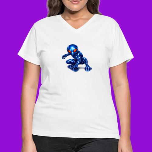 Blue Alien Crouch - Women's V-Neck T-Shirt