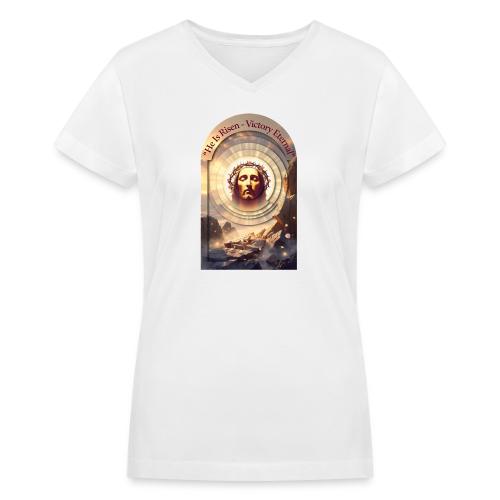 Easter He Is Risen Sacred Face T Shirt, wife Gift - Women's V-Neck T-Shirt