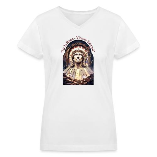 Easter He Is Risen Face of Christ T Shirt, Gift - Women's V-Neck T-Shirt