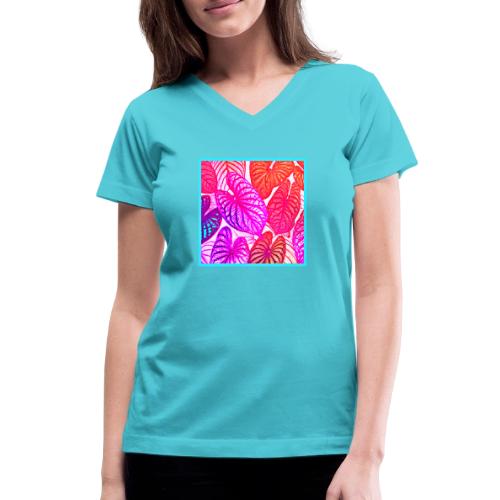 Color Burst Leaves Neon Elegance - Women's V-Neck T-Shirt
