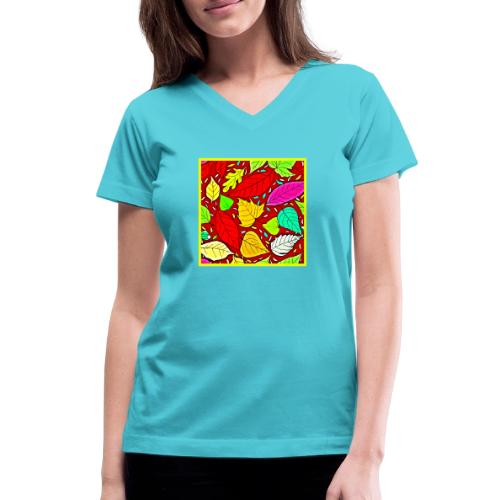Rainbow Leaves Vibrant Pattern - Women's V-Neck T-Shirt