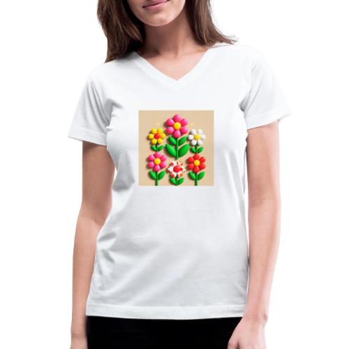 3D Flowers and Butterflies in Amber, Floral Design - Women's V-Neck T-Shirt
