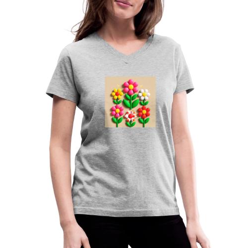 3D Flowers and Butterflies in Amber, Floral Design - Women's V-Neck T-Shirt