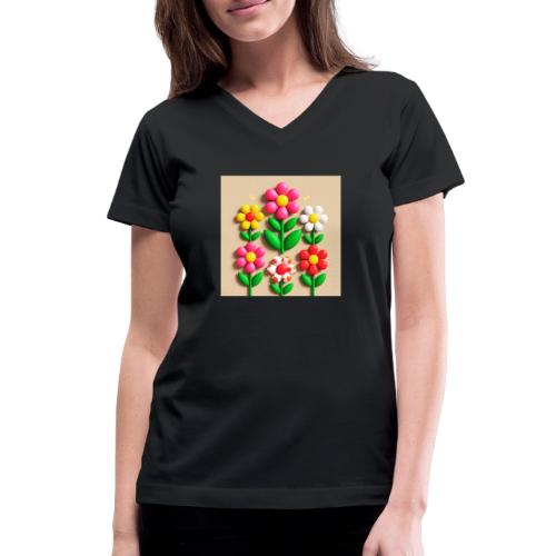 3D Flowers and Butterflies in Amber, Floral Design - Women's V-Neck T-Shirt