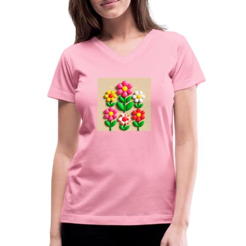 3D Flowers and Butterflies in Amber, Floral Design - Women's V-Neck T-Shirt