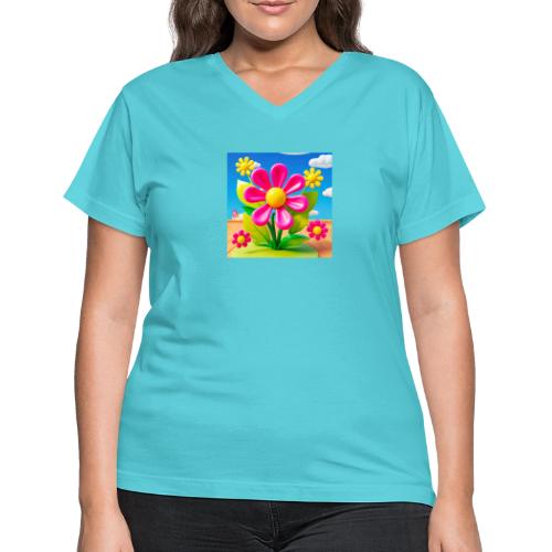 Pink Floral Peace | Sky & Nature Design - Women's V-Neck T-Shirt