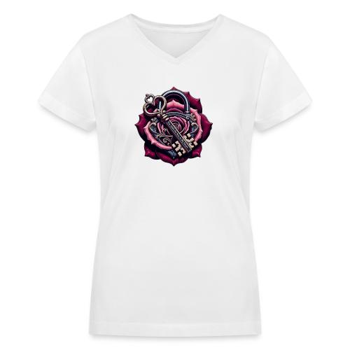 You Hold the Key to My Heart Rose Lock T-Shirt - Women's V-Neck T-Shirt