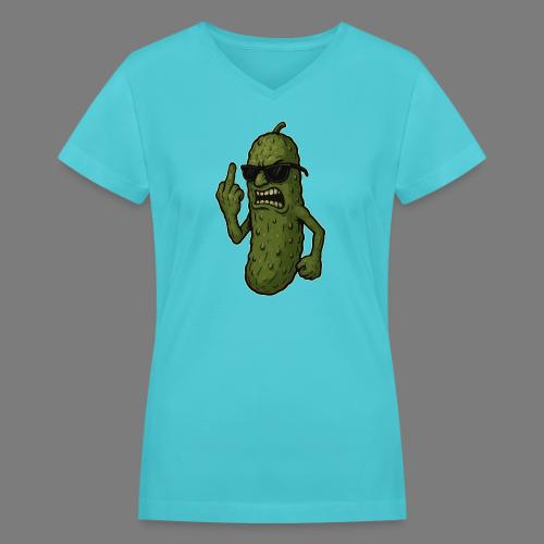 Angry Pickle Flipping the Bird - Women's V-Neck T-Shirt