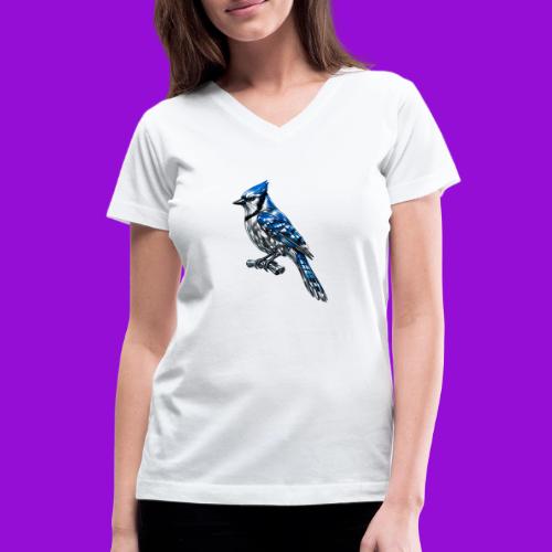 Silver Blue Jay on Perch - Women's V-Neck T-Shirt