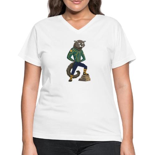 Raccoon Ranger in Neon Armor - Women's V-Neck T-Shirt