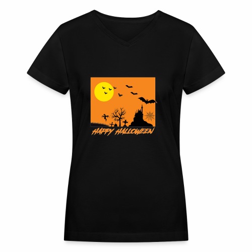 Moonlit Haunted House Ghost Bat Cobweb Gravestone. - Women's V-Neck T-Shirt