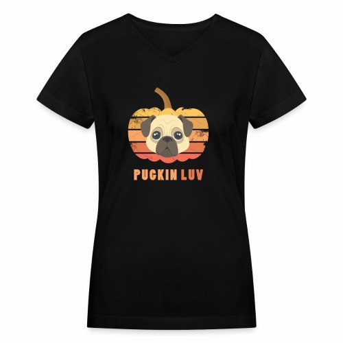 Pugkin Luv Jackolantern Pug Gourd Fleabag Puppy. - Women's V-Neck T-Shirt