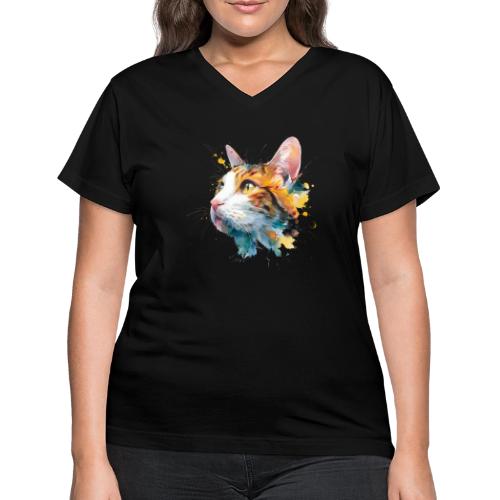 Cat: Feline Ink Burst - Women's V-Neck T-Shirt