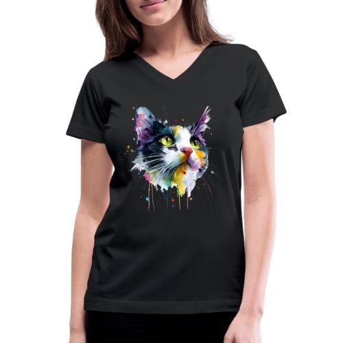 Cat: Painted Purr Expression - Women's V-Neck T-Shirt