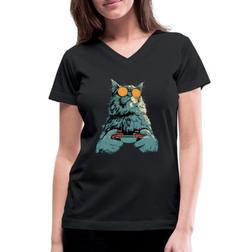 Cat: Fluff Mode On - Women's V-Neck T-Shirt