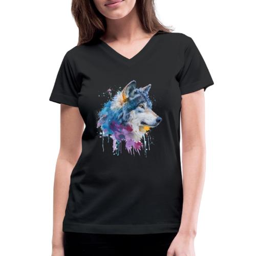 Splash-Art Wolf Head - Women's V-Neck T-Shirt