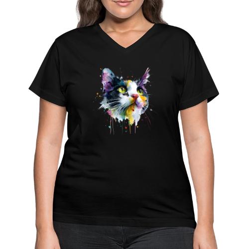 Cat: Painted Purr Expression - Women's V-Neck T-Shirt