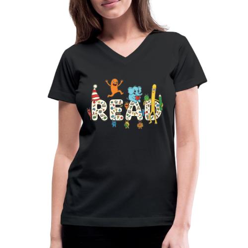 Whimsical READ Kids Cartoon - Women's V-Neck T-Shirt