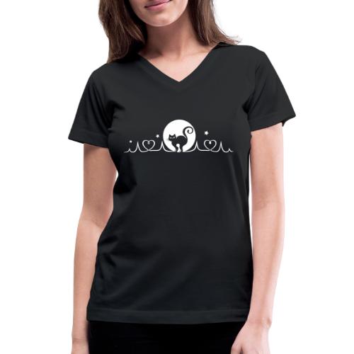 Heartbeat with cat, full moon and stars. - Women's V-Neck T-Shirt
