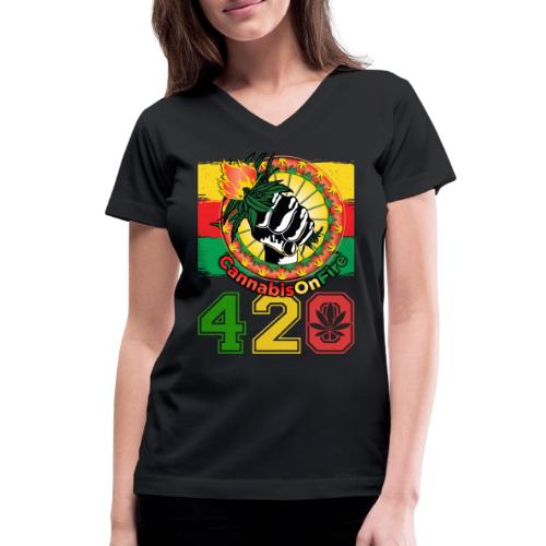 Antic 420 OnFire Herb Weed Marijuana Design - Women's V-Neck T-Shirt