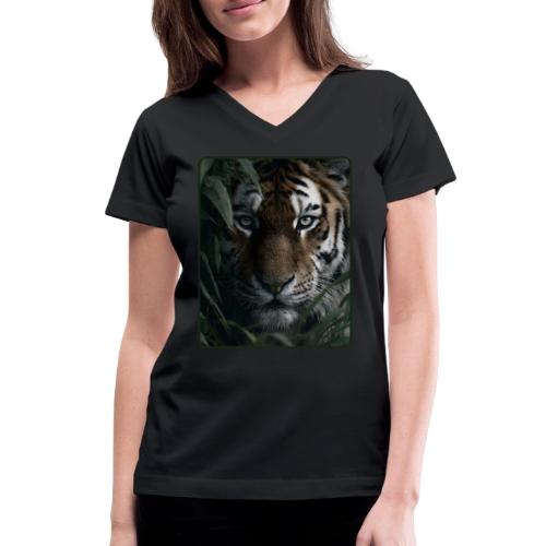 Tiger Jungle Eyes Wildlife Design - Women's V-Neck T-Shirt