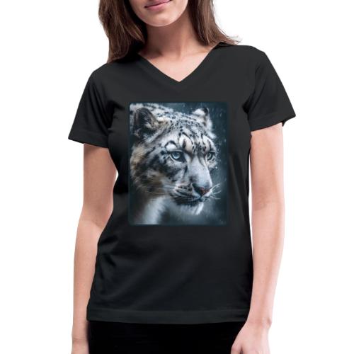 Snow Leopard Blue Eyes Design - Women's V-Neck T-Shirt