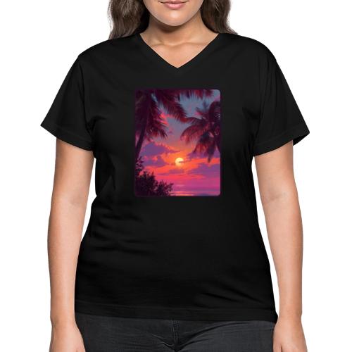 Tropical Sunset Palm Silhouette Design - Women's V-Neck T-Shirt