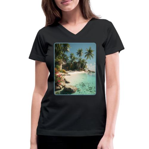 Serene Tropical Beach Floral Design - Women's V-Neck T-Shirt