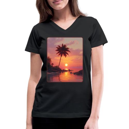 Tropical Beach Sunset Palm Design - Women's V-Neck T-Shirt
