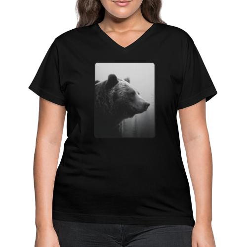 Grizzly Bear Black White Portrait Design - Women's V-Neck T-Shirt