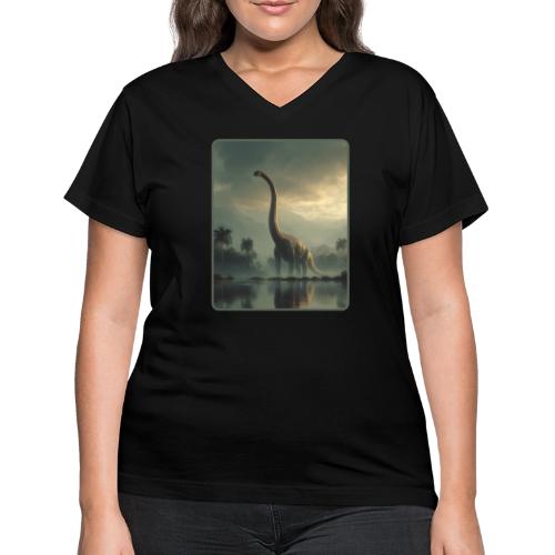 Brachiosaurus Misty Lake Design - Women's V-Neck T-Shirt